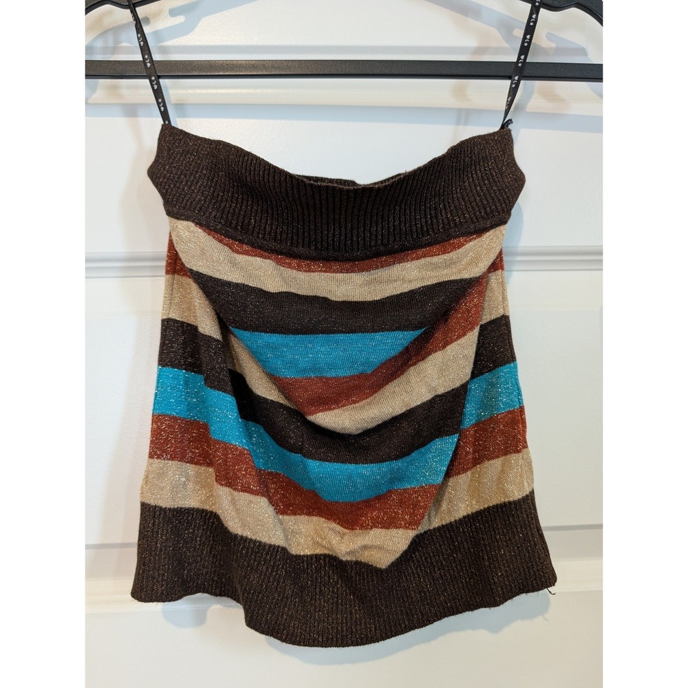 Heart Moon Star Womens Metallic Striped Knit Tube Top Brown Teal Rust Large